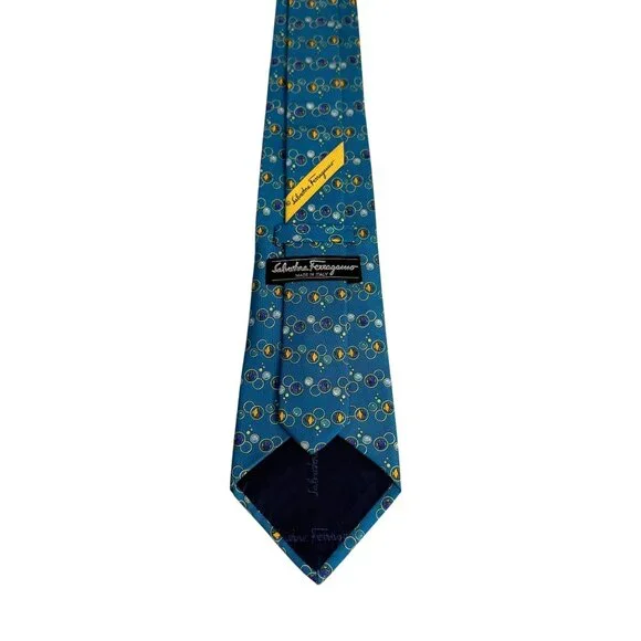Salvatore Ferragamo Silk Neck Tie Goldfish Bubbles Pattern Teal Men's Neckwear - Picture 6 of 12